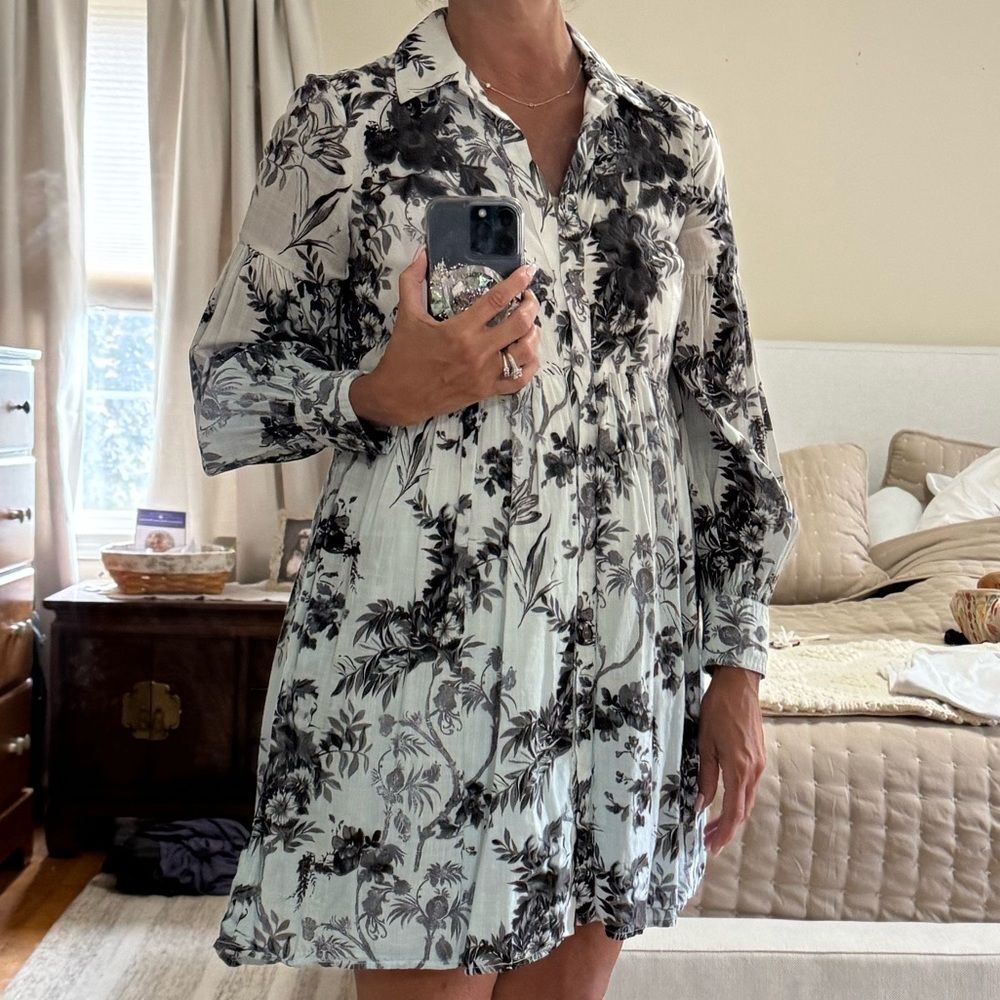 Anthropologie White and Baby Blue ombré Dress with black embroidered flowers